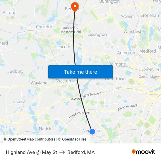 Highland Ave @ May St to Bedford, MA map