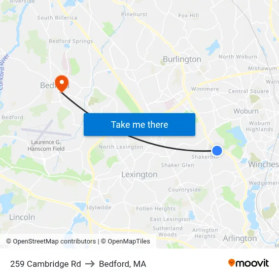 259 Cambridge Rd to Bedford, MA map