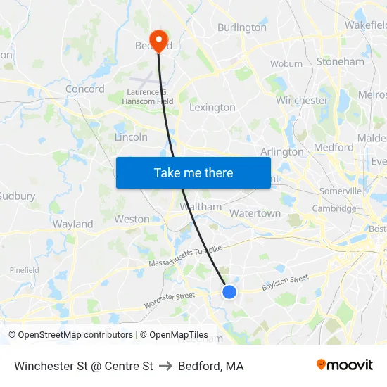 Winchester St @ Centre St to Bedford, MA map