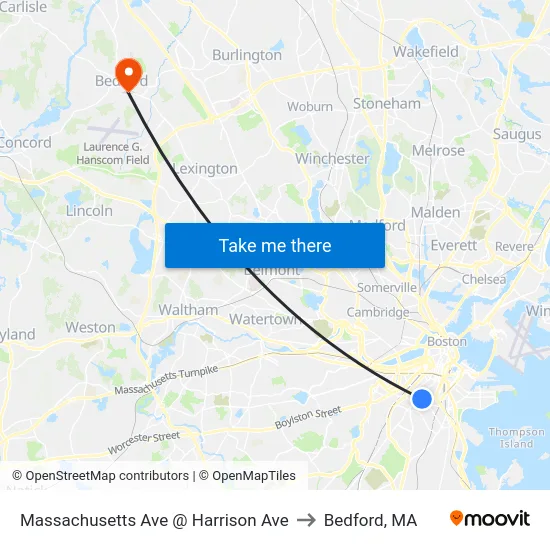 Massachusetts Ave @ Harrison Ave to Bedford, MA map