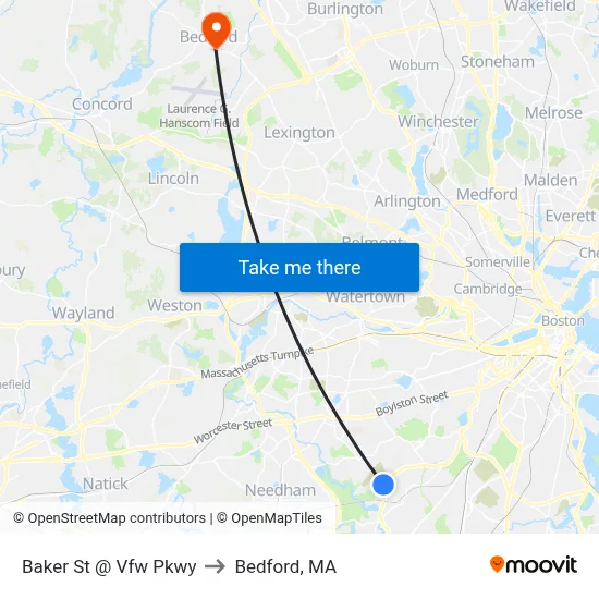 Baker St @ Vfw Pkwy to Bedford, MA map