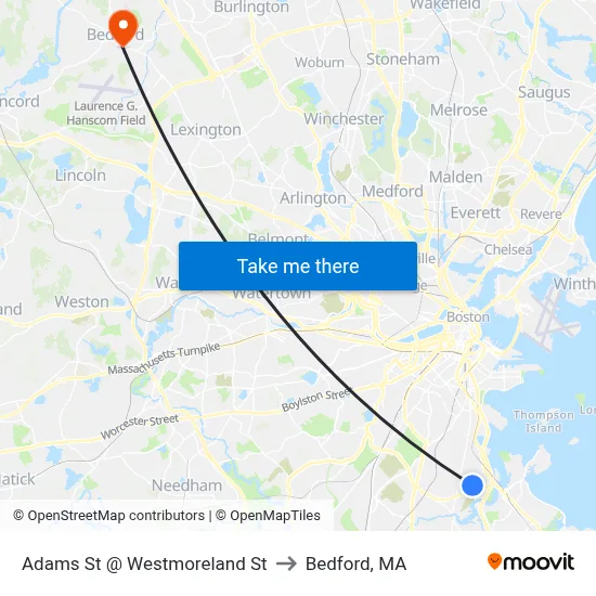 Adams St @ Westmoreland St to Bedford, MA map