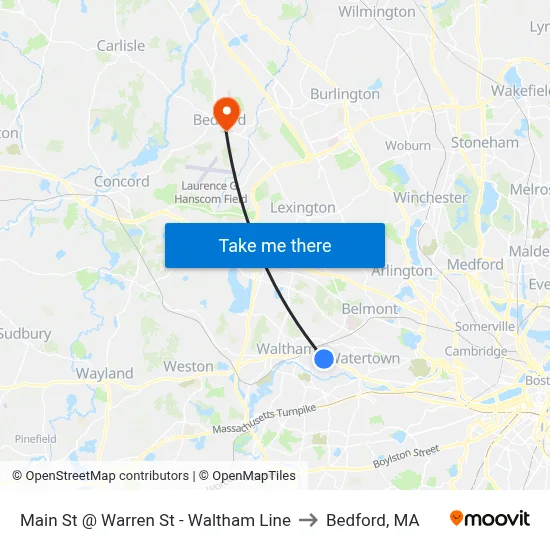 Main St @ Warren St - Waltham Line to Bedford, MA map