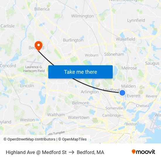 Highland Ave @ Medford St to Bedford, MA map