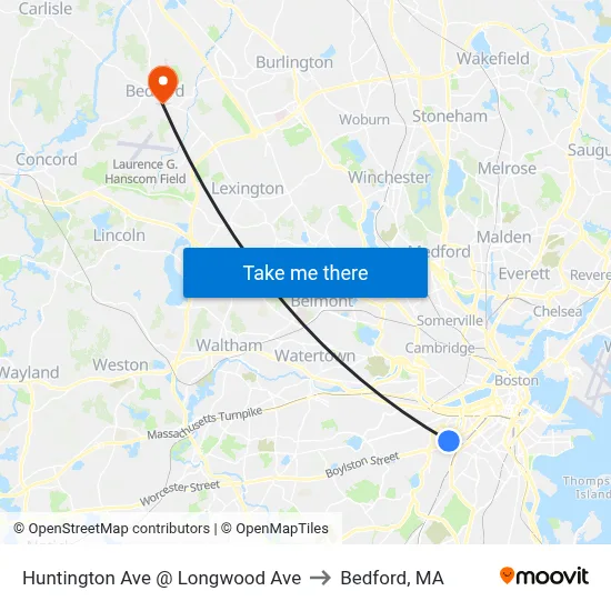 Huntington Ave @ Longwood Ave to Bedford, MA map