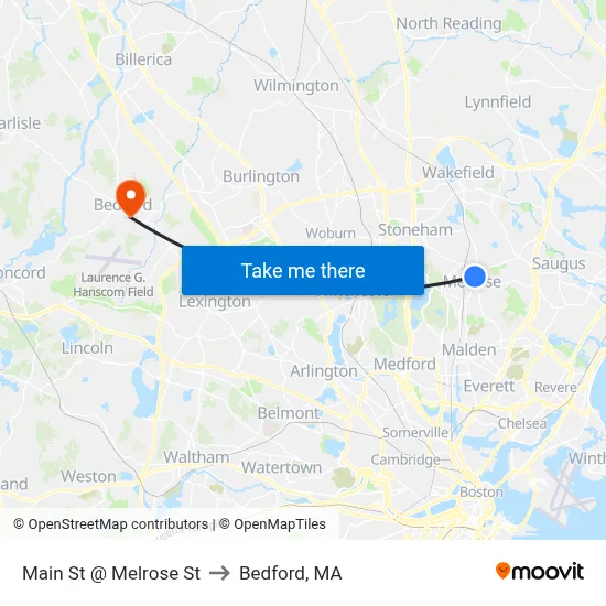 Main St @ Melrose St to Bedford, MA map
