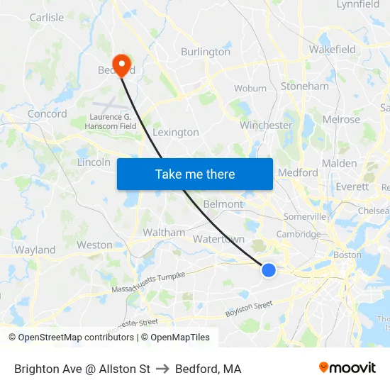 Brighton Ave @ Allston St to Bedford, MA map