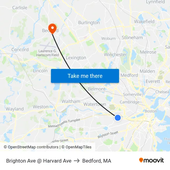 Brighton Ave @ Harvard Ave to Bedford, MA map