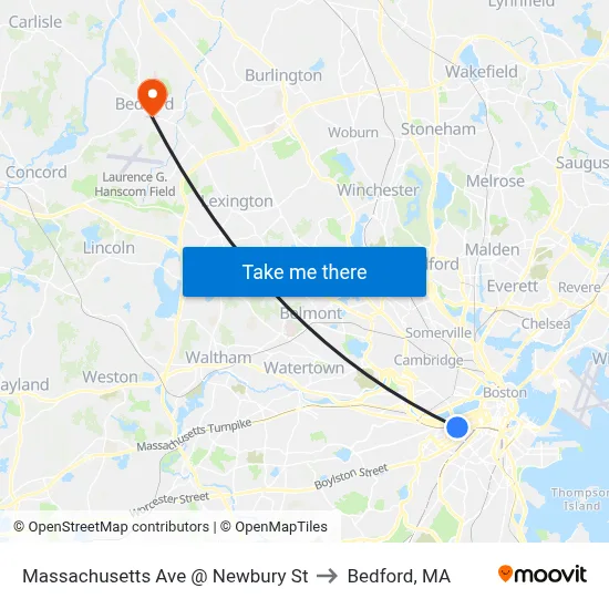 Massachusetts Ave @ Newbury St to Bedford, MA map
