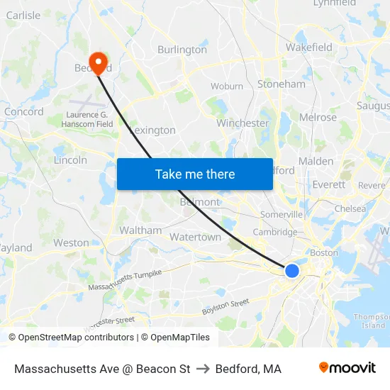 Massachusetts Ave @ Beacon St to Bedford, MA map