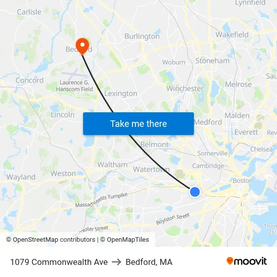 1079 Commonwealth Ave to Bedford, MA map