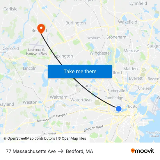 77 Massachusetts Ave to Bedford, MA map