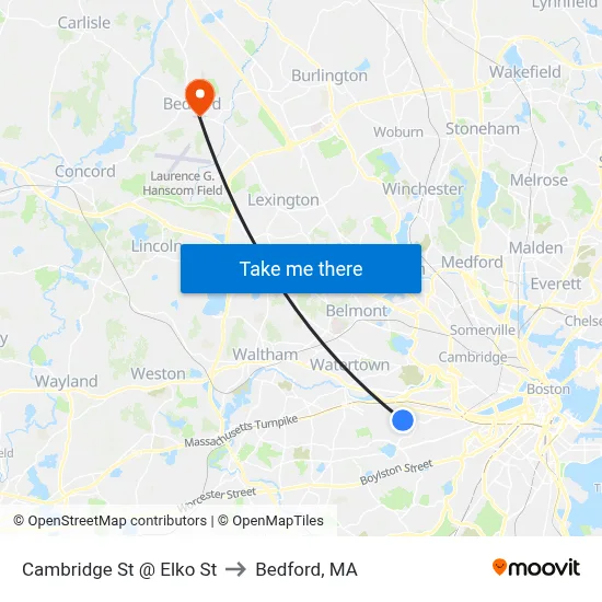 Cambridge St @ Elko St to Bedford, MA map