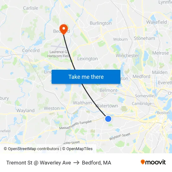 Tremont St @ Waverley Ave to Bedford, MA map