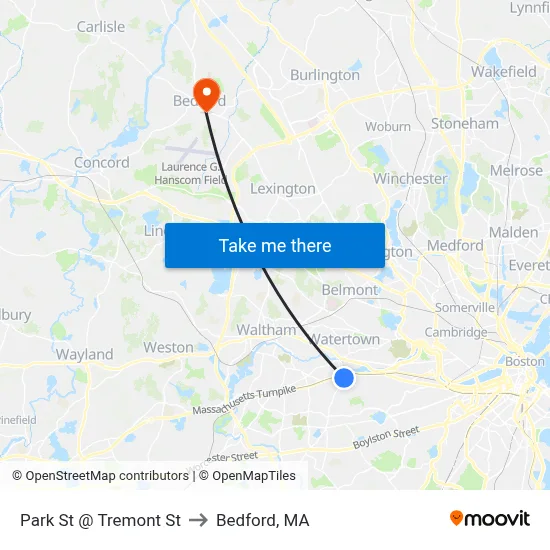 Park St @ Tremont St to Bedford, MA map