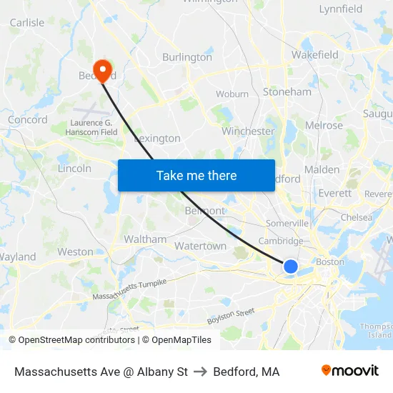 Massachusetts Ave @ Albany St to Bedford, MA map
