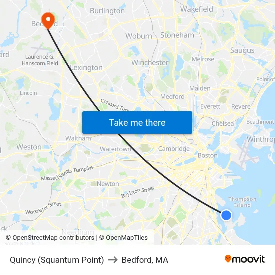 Quincy (Squantum Point) to Bedford, MA map