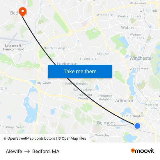 Alewife to Bedford, MA map