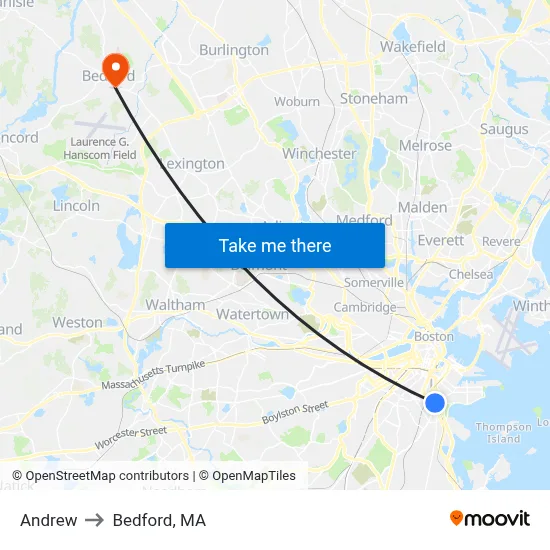 Andrew to Bedford, MA map