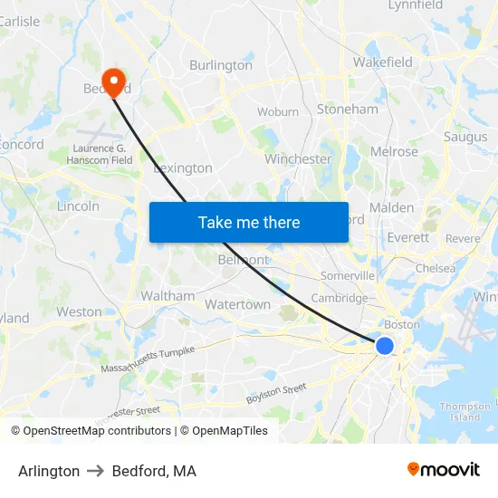 Arlington to Bedford, MA map