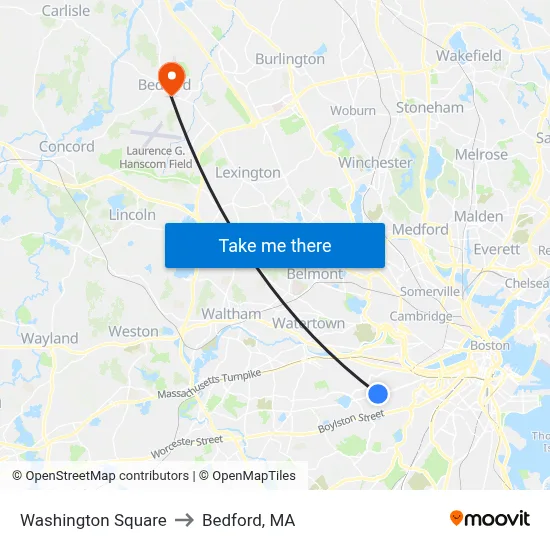 Washington Square to Bedford, MA map