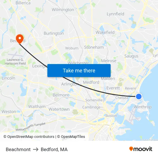 Beachmont to Bedford, MA map
