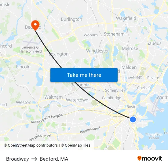 Broadway to Bedford, MA map