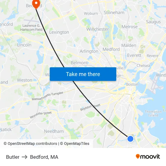 Butler to Bedford, MA map
