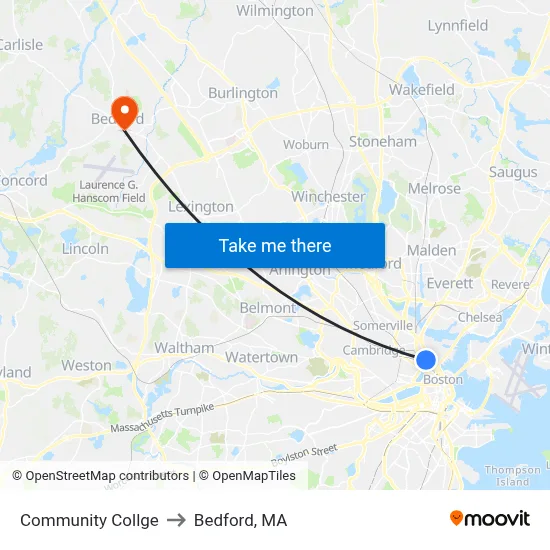 Community Collge to Bedford, MA map