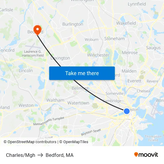 Charles/Mgh to Bedford, MA map