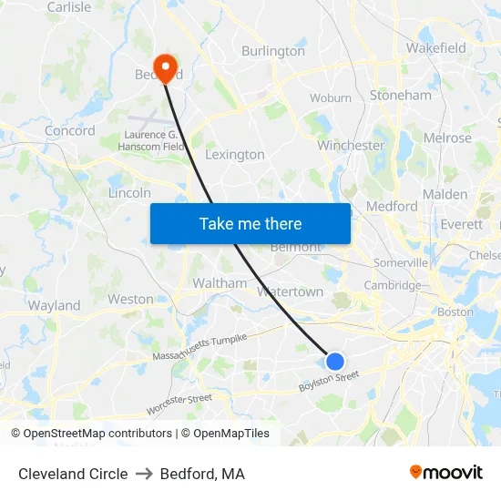 Cleveland Circle to Bedford, MA map