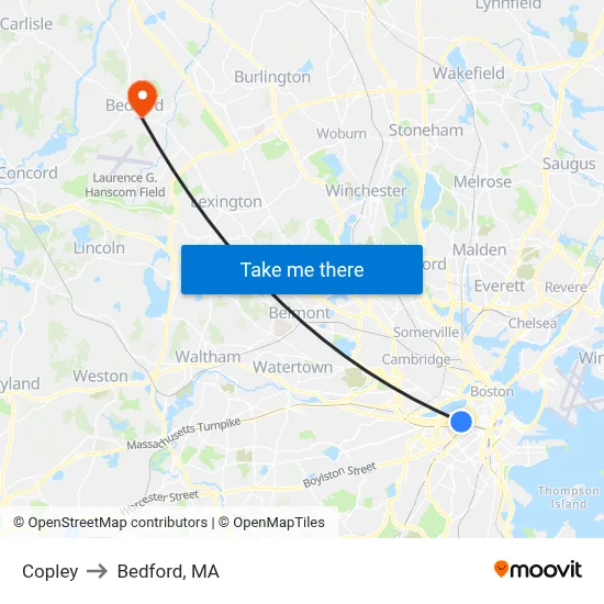 Copley to Bedford, MA map