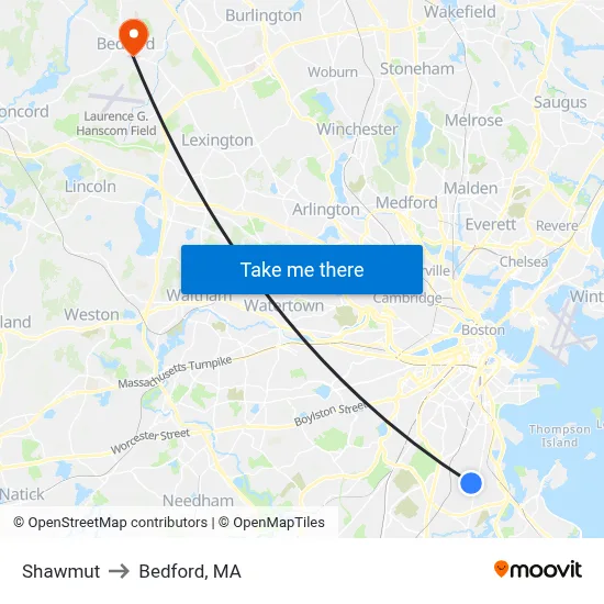 Shawmut to Bedford, MA map