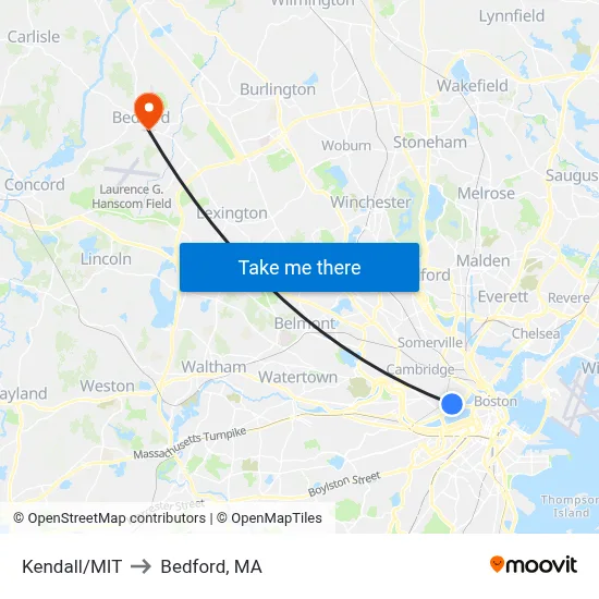 Kendall/MIT to Bedford, MA map