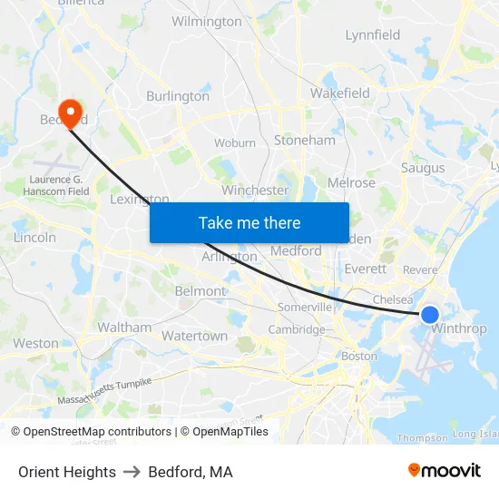 Orient Heights to Bedford, MA map