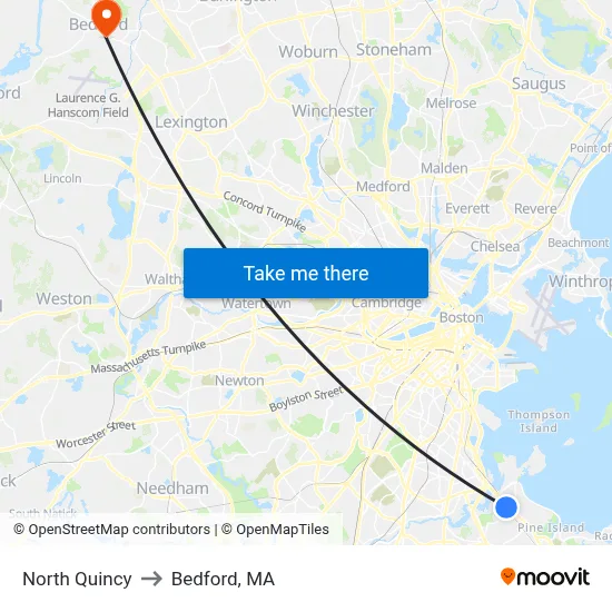 North Quincy to Bedford, MA map