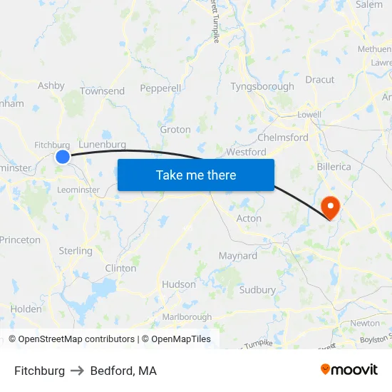Fitchburg to Bedford, MA map