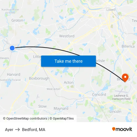 Ayer to Bedford, MA map