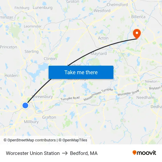Worcester Union Station to Bedford, MA map