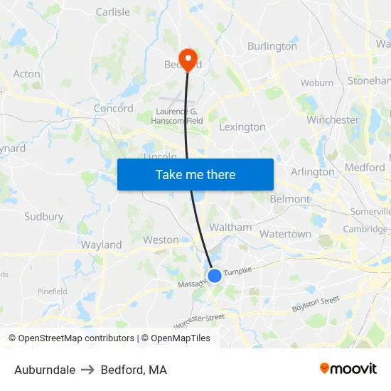 Auburndale to Bedford, MA map