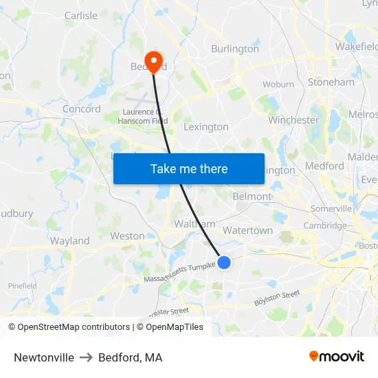 Newtonville to Bedford, MA map