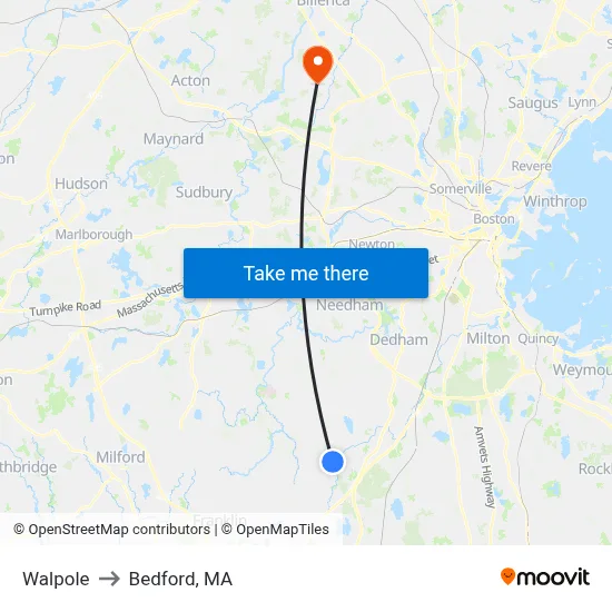 Walpole to Bedford, MA map