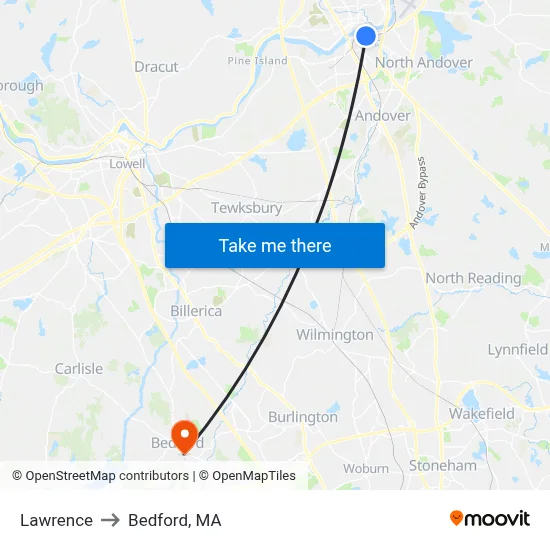 Lawrence to Bedford, MA map