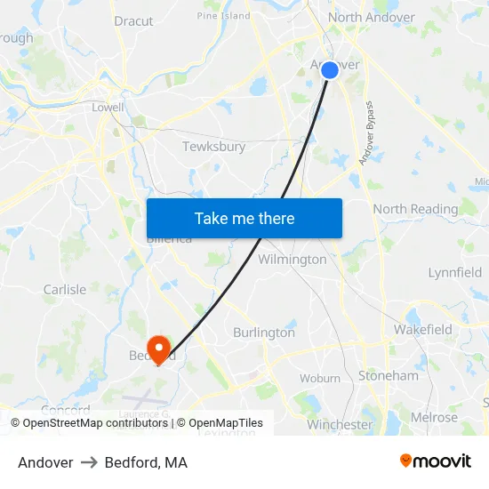 Andover to Bedford, MA map