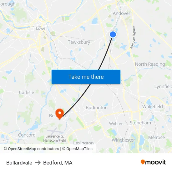 Ballardvale to Bedford, MA map