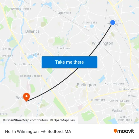 North Wilmington to Bedford, MA map