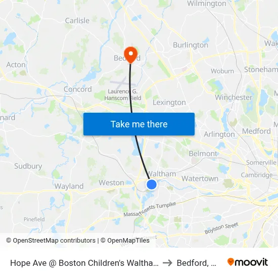 Hope Ave @ Boston Children's Waltham to Bedford, MA map