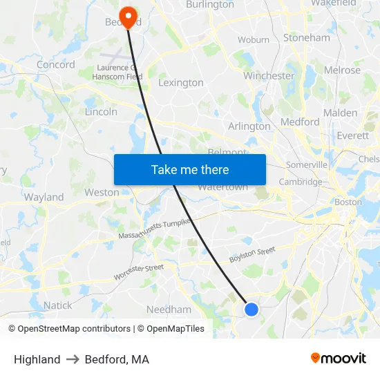 Highland to Bedford, MA map