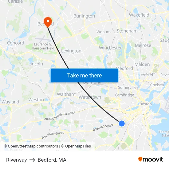 Riverway to Bedford, MA map