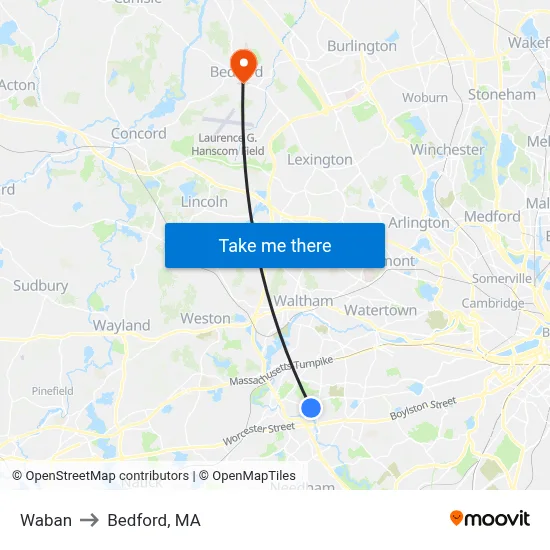 Waban to Bedford, MA map